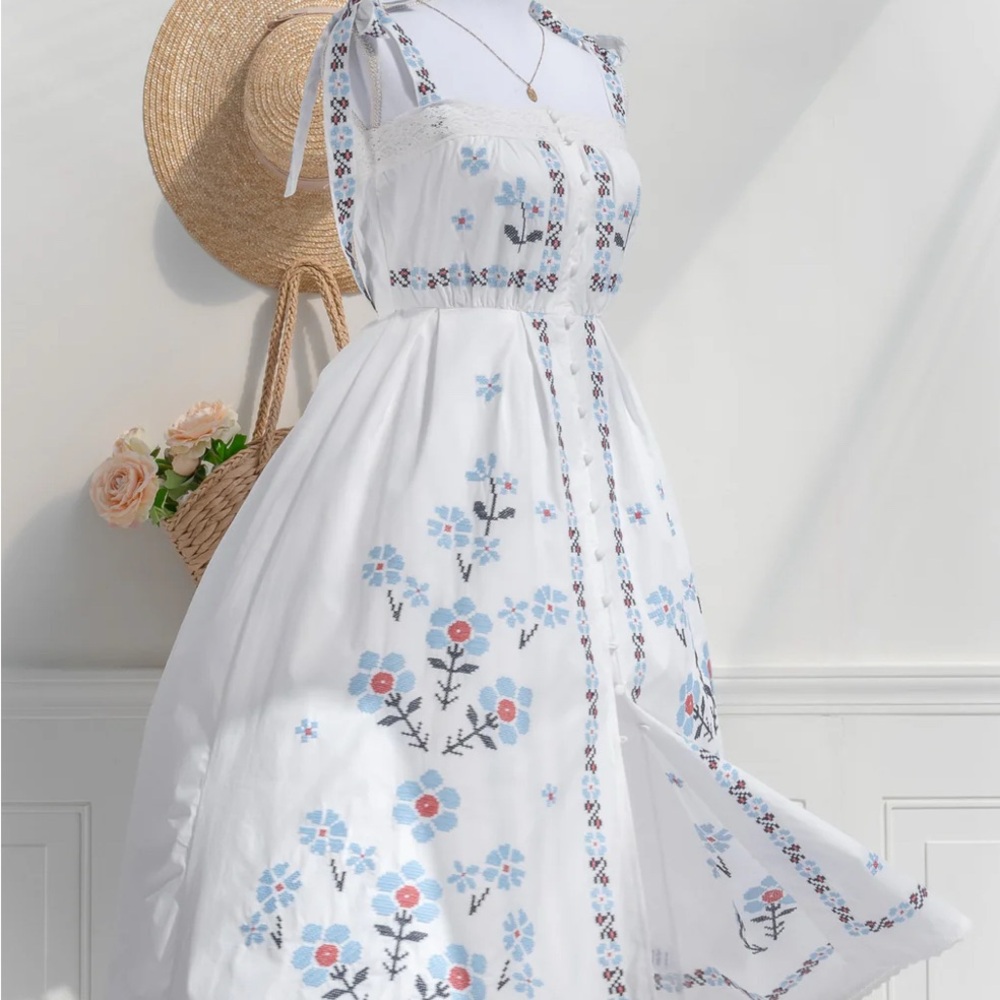 Floral Embroidered White Midi Dress